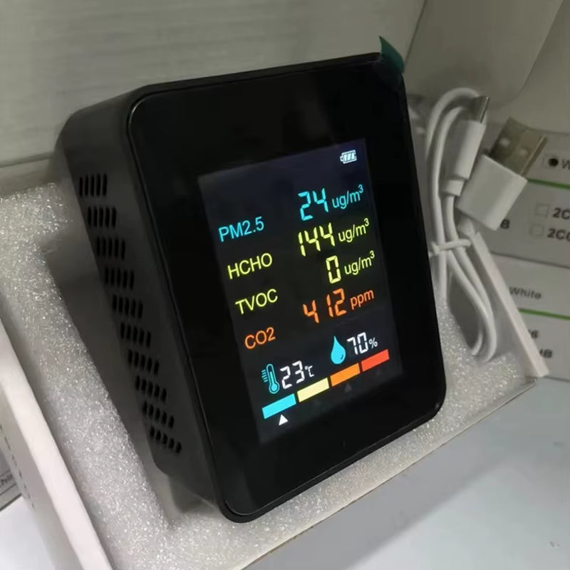 Advanced 6-In-1 Air Quality Detector: Monitor PM2.5, HCHO, TVOC, and CO2 Levels with Precision and Rechargeable Convenience for Home and Office
