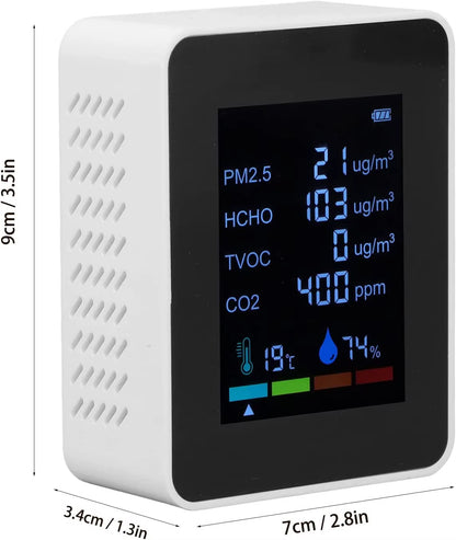 Advanced 6-In-1 Air Quality Detector: Monitor PM2.5, HCHO, TVOC, and CO2 Levels with Precision and Rechargeable Convenience for Home and Office
