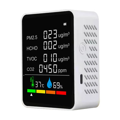 Advanced 6-In-1 Air Quality Detector: Monitor PM2.5, HCHO, TVOC, and CO2 Levels with Precision and Rechargeable Convenience for Home and Office