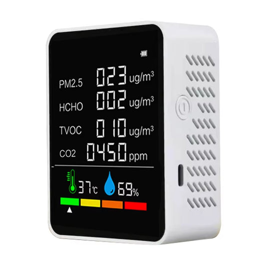 Advanced 6-In-1 Air Quality Detector: Monitor PM2.5, HCHO, TVOC, and CO2 Levels with Precision and Rechargeable Convenience for Home and Office