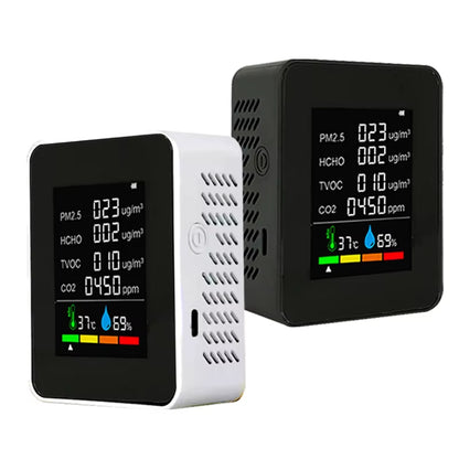 Advanced 6-In-1 Air Quality Detector: Monitor PM2.5, HCHO, TVOC, and CO2 Levels with Precision and Rechargeable Convenience for Home and Office