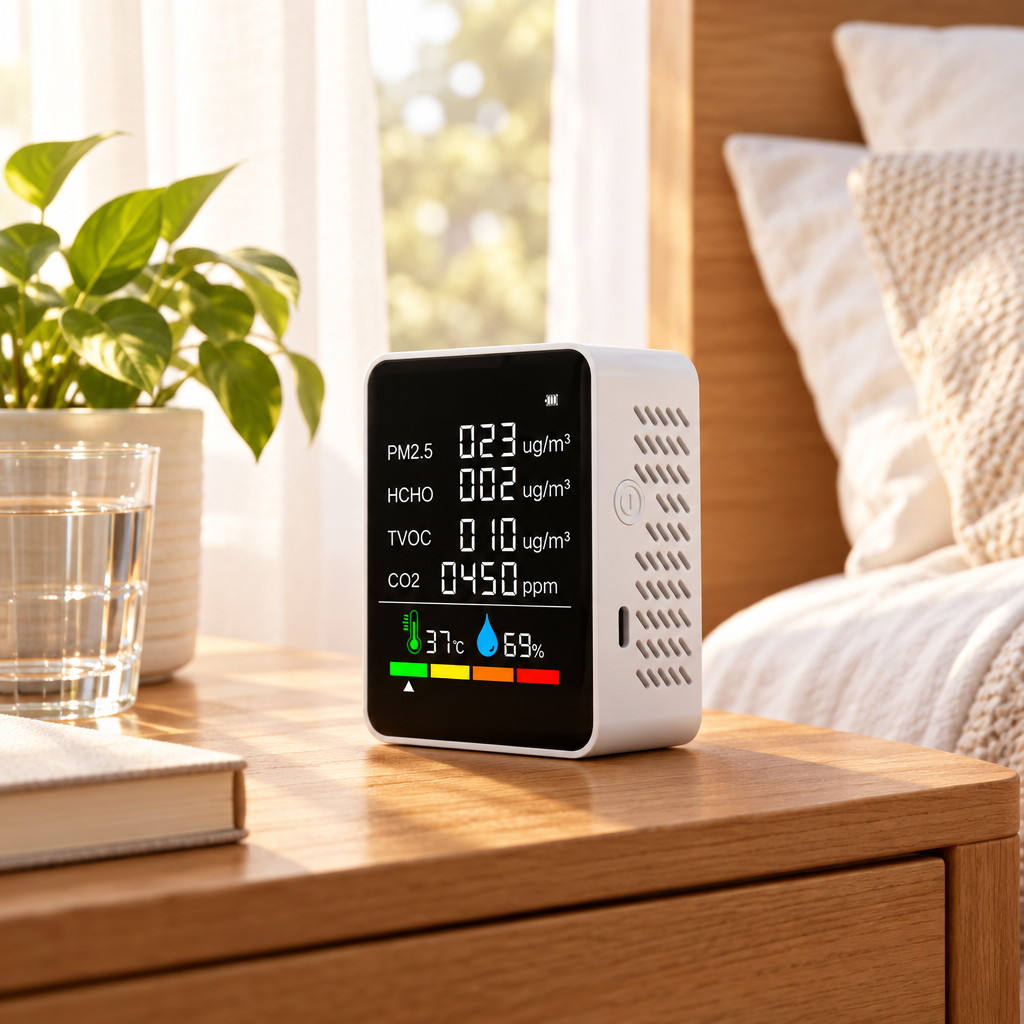 Air quality monitor on a nightstand in a cozy bedroom setting